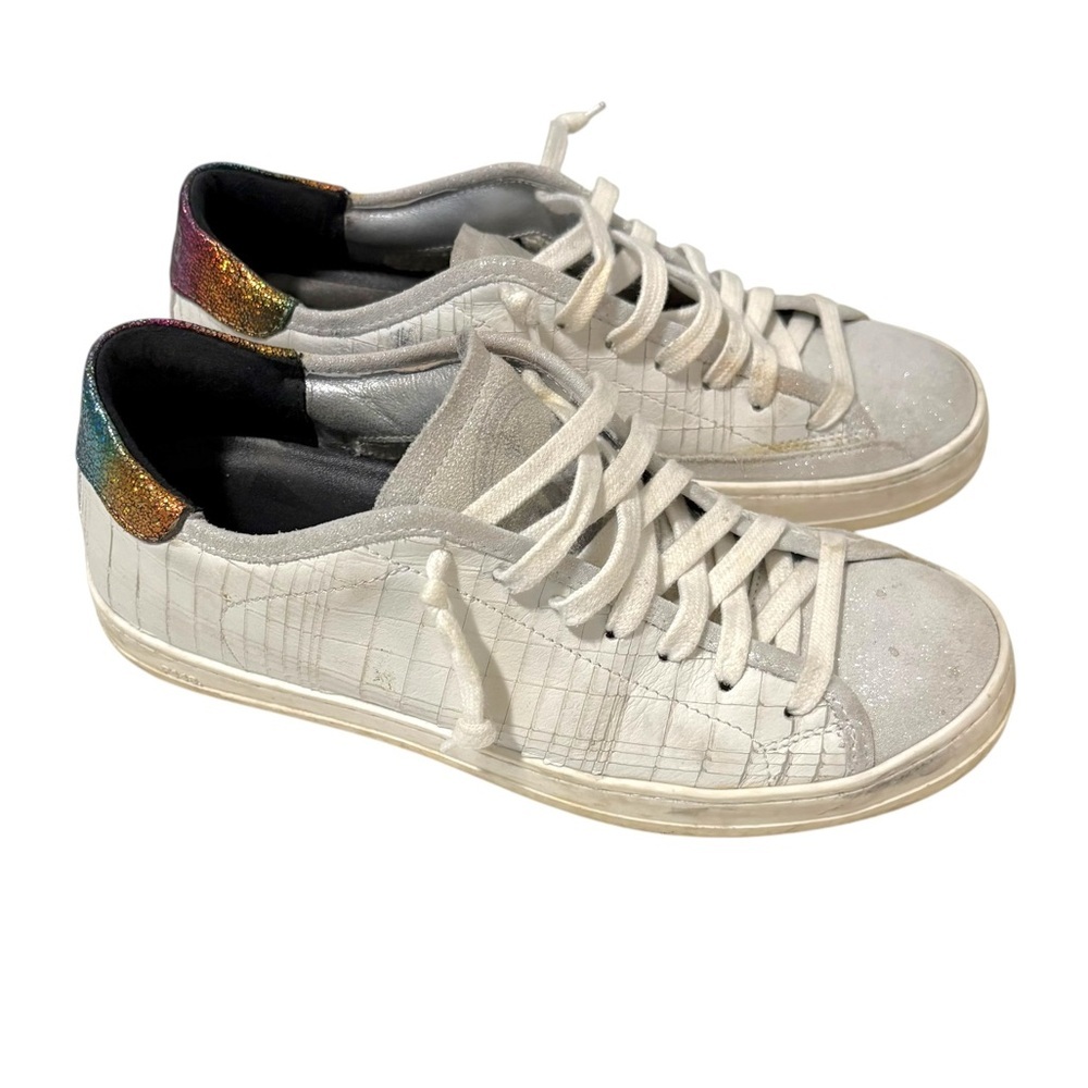 P448 Johnny Dama White Rainbow Leather Sneakers Size 37 Colorful Preppy Classic